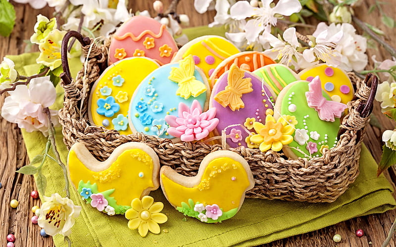 Easter cookies, pastries, spring, Easter, spring flowers, Easter background, HD wallpaper