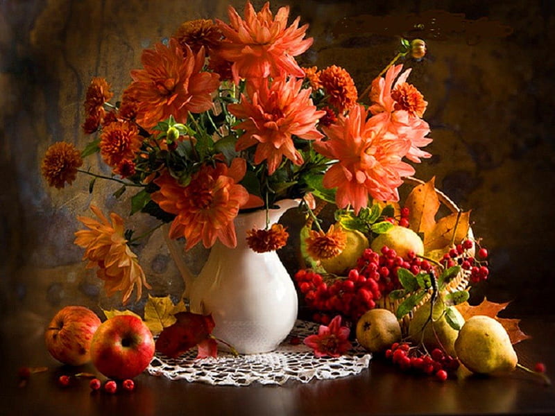 Colorful and rich autumn, colorful, autumn, fruits, yellow, vase, still life, leaves, rusty, flowers, season, pink, apples, colors, pears, dahlias, basket, rich, chrysanthemums, nature, white, natural, HD wallpaper