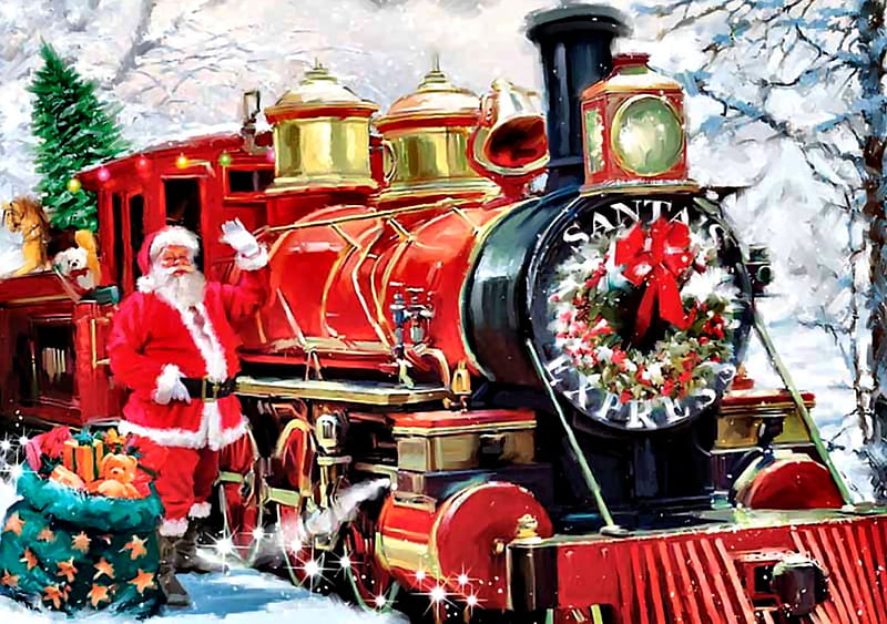 Santa's Express F2, Christmas, art, holiday, December, Santa, illustration, artwork, train, engine, painting, wide screen, occasion, scenery, tracks, HD wallpaper