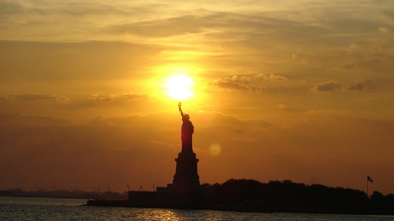 statue of liberty at sunset, sunset, island, silhouette, satue, HD wallpaper