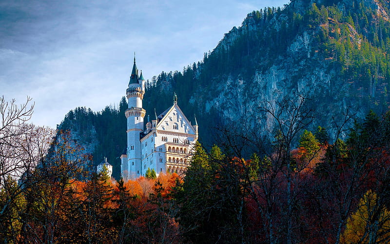 Neuschwanstein Castle, autumn, beautiful old castle, yellow trees, forest, Bavaria, Schwangau, Germany, HD wallpaper
