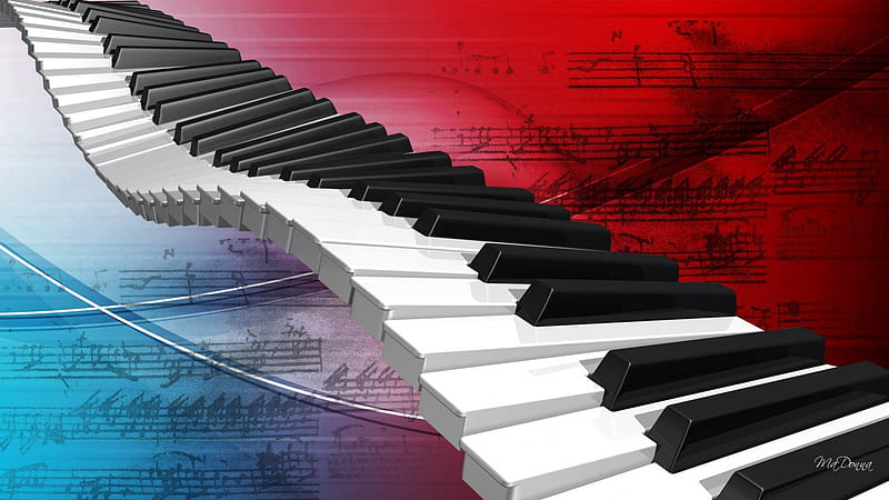 Old Time Music, red, notes, piano keys, abstract, musical, blue, vintage, HD wallpaper