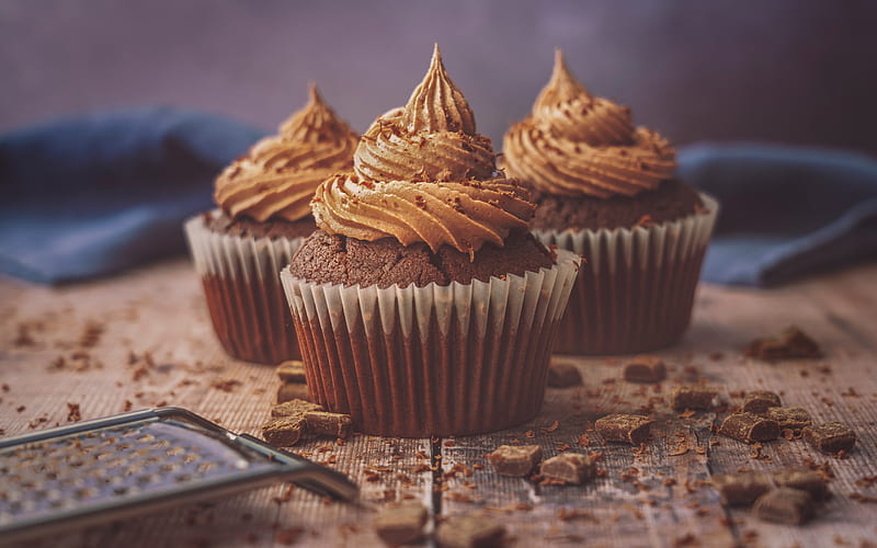chocolate muffins with cream, muffins, chocolate cream, pastries, cakes, HD wallpaper