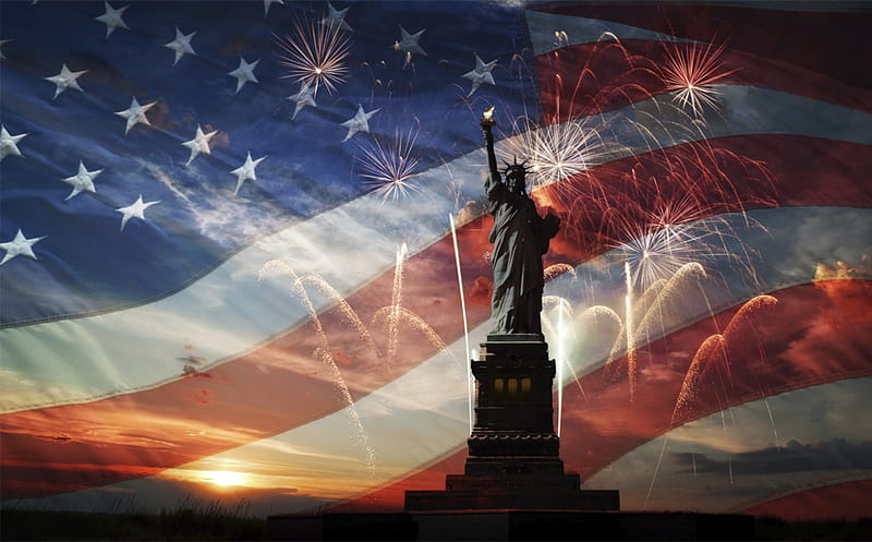 HAPPY 4th of JULY, USA, FLAG, FIREWORKS, LIBERTY, CELEBRATION, STATUE, HD wallpaper