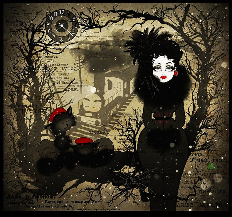 Lady in Black- Locomotive and Comrade Cat, poster, locomotive, lady in black, train, black, cat, lady, HD wallpaper