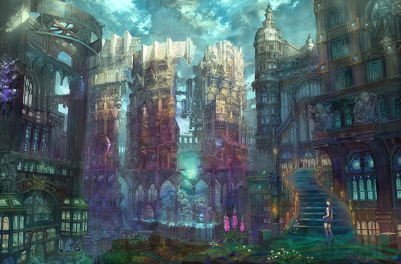 prompthunt: retro - futurism anime castle on a mountain in clouds with lots  of details look from above rule of thirds golden ratio, fake detail,  trending pixiv fanbox, acrylic palette knife, style