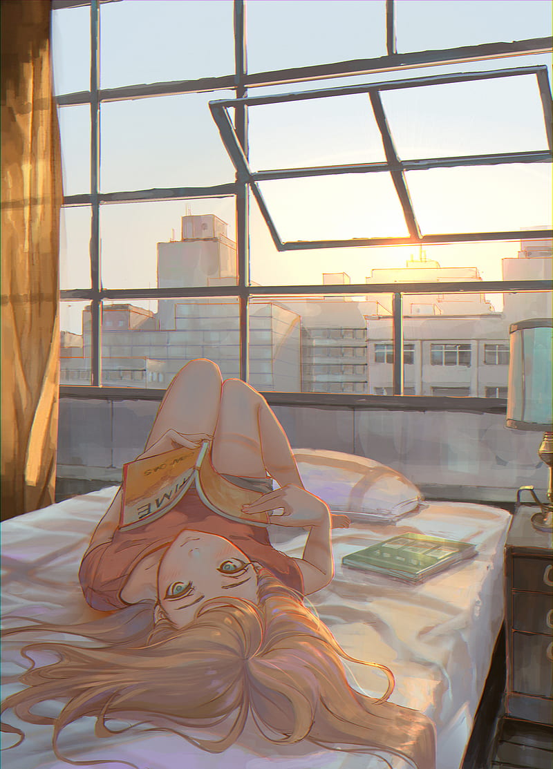 anime, anime girls, original characters, bed, window, HD phone wallpaper