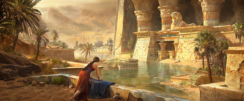 In Ancient Egypt, digital, art, fantasy, temple, , egypt, girl, woman, beautiful, HD wallpaper
