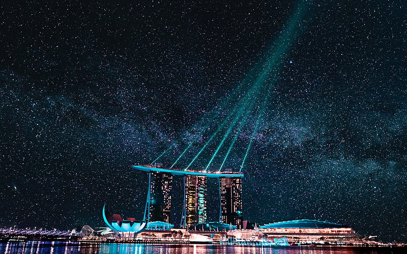 Marina Bay Sands, nightscapes, starry sky, luxury hotel, Singapore, Marina Bay at night, HD wallpaper