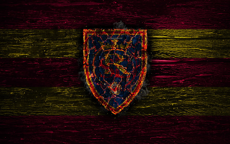 Real Salt Lake FC, fire logo, MLS, purple and yellow lines, american football club, grunge, football, soccer, logo, Western Conference, Real Salt Lake, wooden texture, USA, HD wallpaper