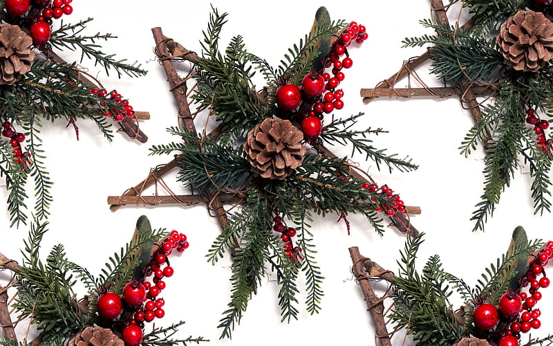 Christmas star, New Year, tree, Christmas, decorations, red berries, cones, wooden star, Merry Christmas, HD wallpaper