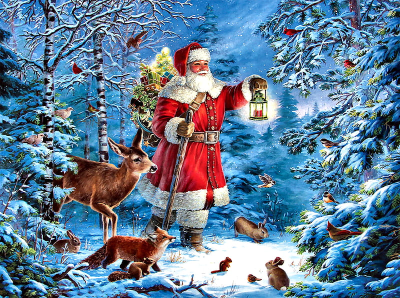 Wilderness Santa F, Christmas, December, bonito, illustration, artwork, deer, painting, wide screen, scenery, art, rabbit, holiday, Santa, winter, fox, snow, occasion, HD wallpaper