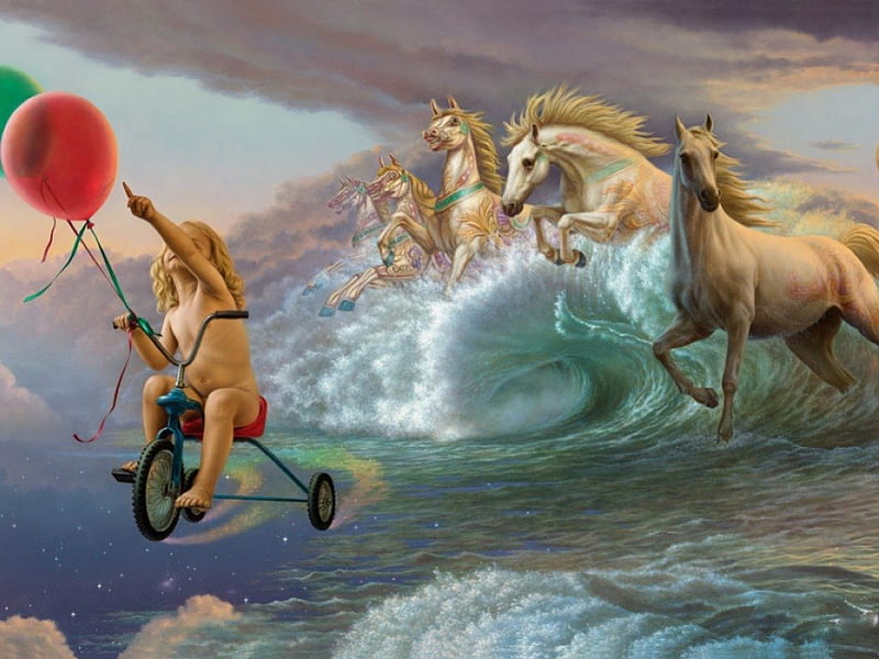 DIRECTING THE WAY HOME, oceans, kindness, children, sky, horses, sea, tricycles, fantasy, balloons, painting, animals, HD wallpaper