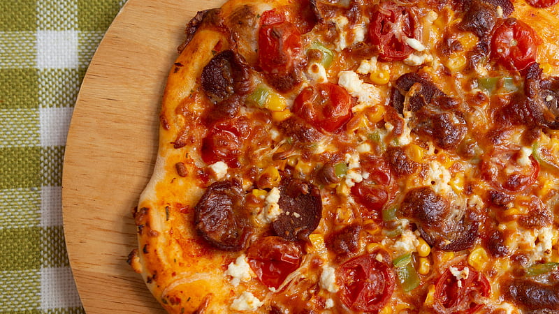 Food, Pizza, Cheese, Corn, Sausage, Tomato, HD wallpaper
