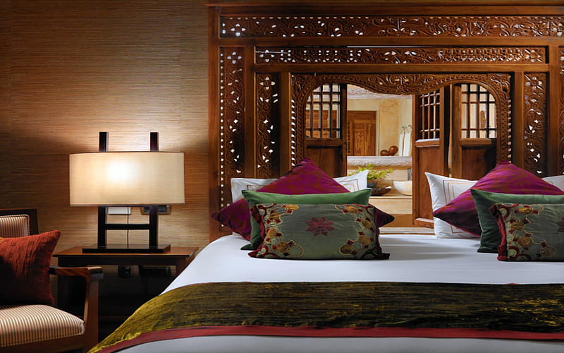 Bali Bedroom, Brown, Dark Colors, Pillows, Bed, Desk, Lamp, Bali, Bedroom, HD wallpaper