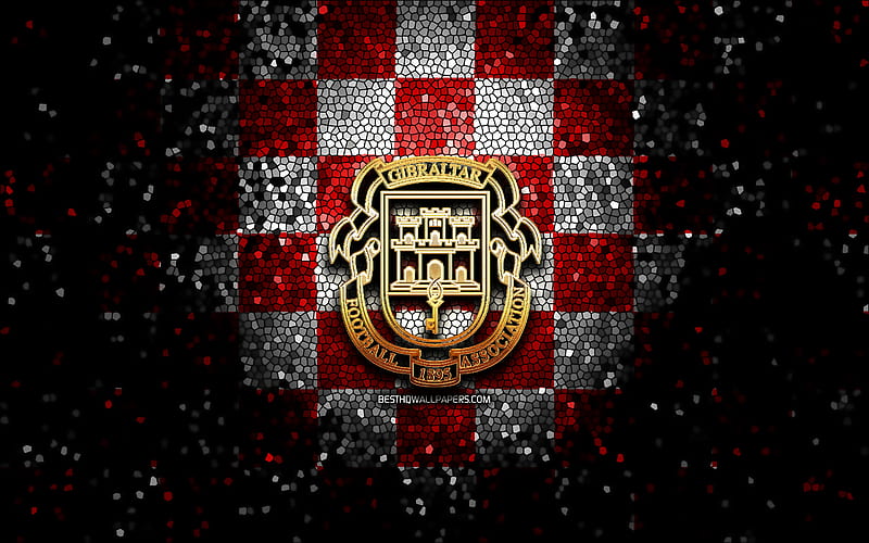 Gibraltar football team, glitter logo, UEFA, Europe, red white checkered background, mosaic art, soccer, Gibraltar National Football Team, GBA logo, football, Gibraltar, HD wallpaper