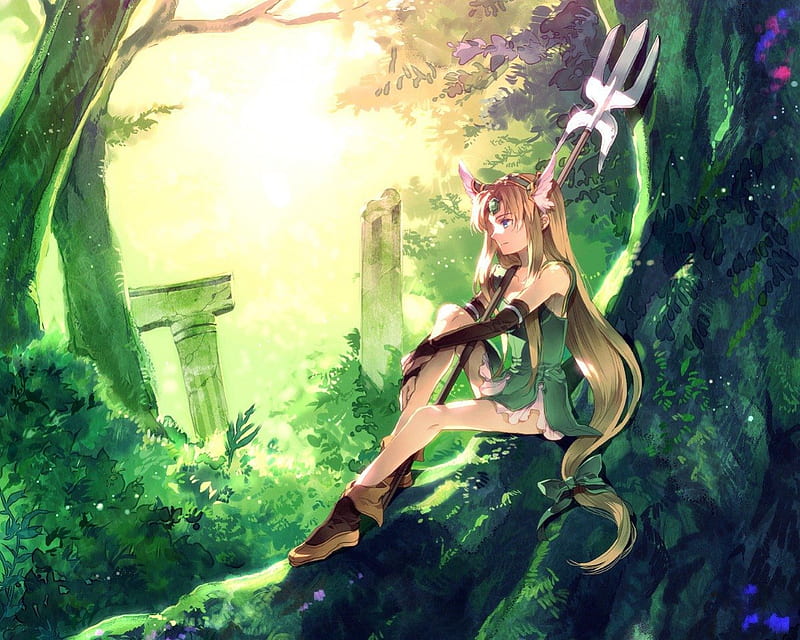 Riesz, plant, video game, game, anime, spear, hot, anime girl, long hair, lancer, lance, forest, elf, brown hair, sexy, rpg, snes, armor, cute, tree, warrior, HD wallpaper