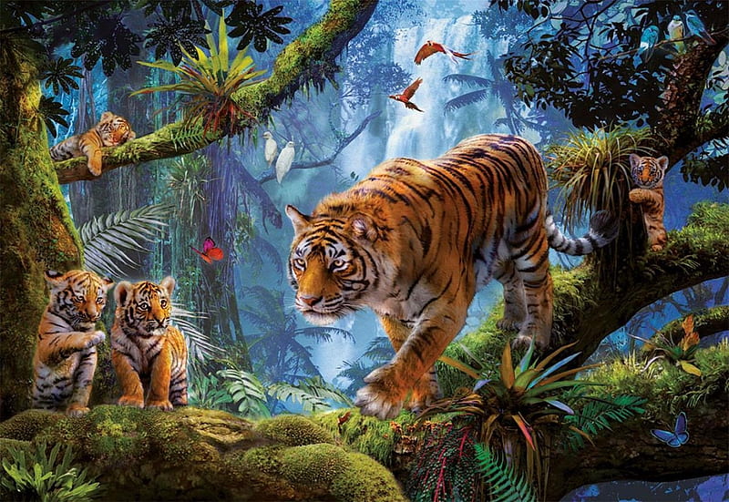 Tigers, tree, jungel, painting, cub, tiger, animal, art, luminos, cute, pictura, HD wallpaper