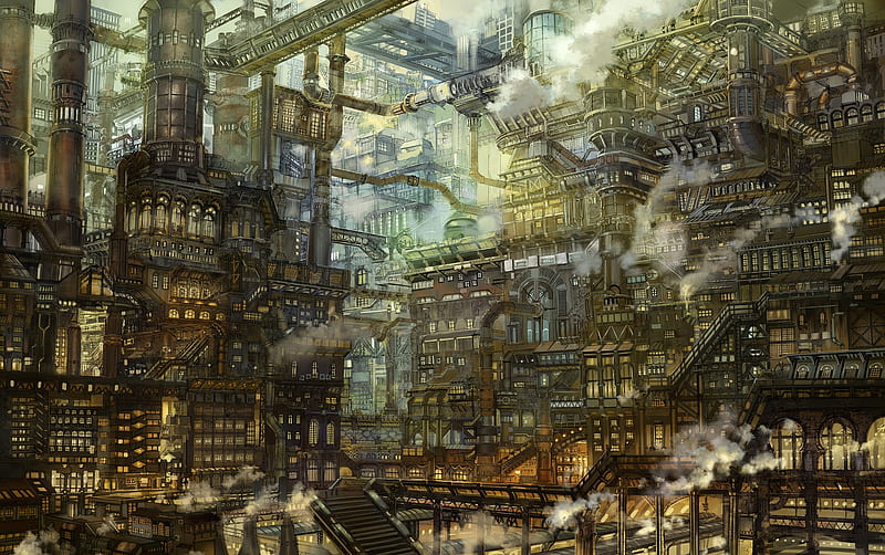 anime steampunk city, industrial, scenic, cityscape, buildings, Anime, HD wallpaper