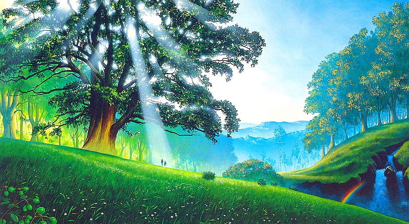 Endless love (wide), colorful, sun, grass, rainbow, valley, tree, splendor, green, love, waterfall, nature, field, HD wallpaper
