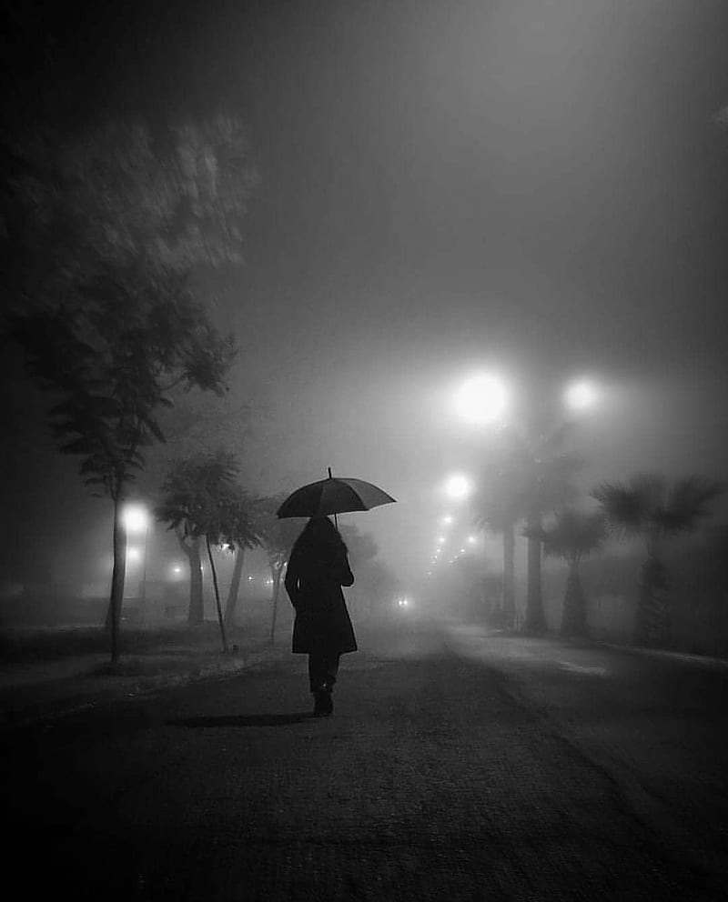 Foggy Night , foggy night, fog, woman, street, lights, weather, people, mood, alone, HD phone wallpaper