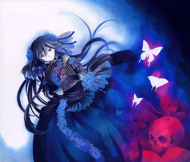 Lacie Baskerville, pandora hearts, animal, butterfly, girl, gothic, anime, anime girl, skull, HD wallpaper