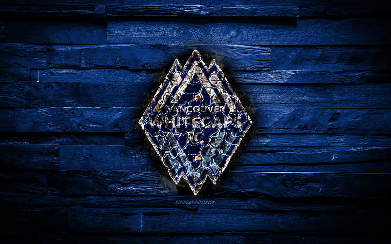 Vancouver Whitecaps FC scorched logo, MLS, blue wooden background, american football club, Western Conference, grunge, soccer, Vancouver Whitecaps logo, fire texture, USA, HD wallpaper