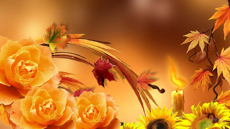Fall Flame, candle, fall, flowers, autumn, orange, wind, yellow, bronze, roses, leaves, gold, flame, sunflowers, amber, breeeze, light, HD wallpaper