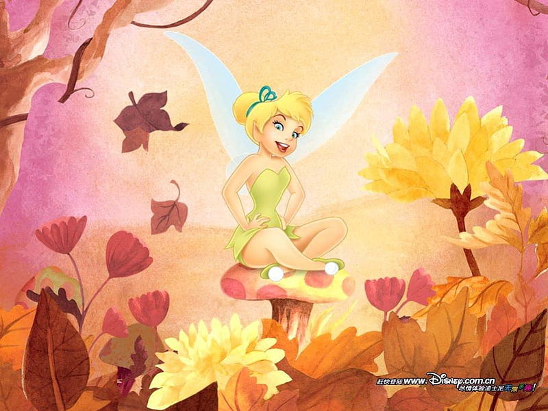 Tinkerbell, leaves, peter pan, woods, flowers, fairy, HD wallpaper