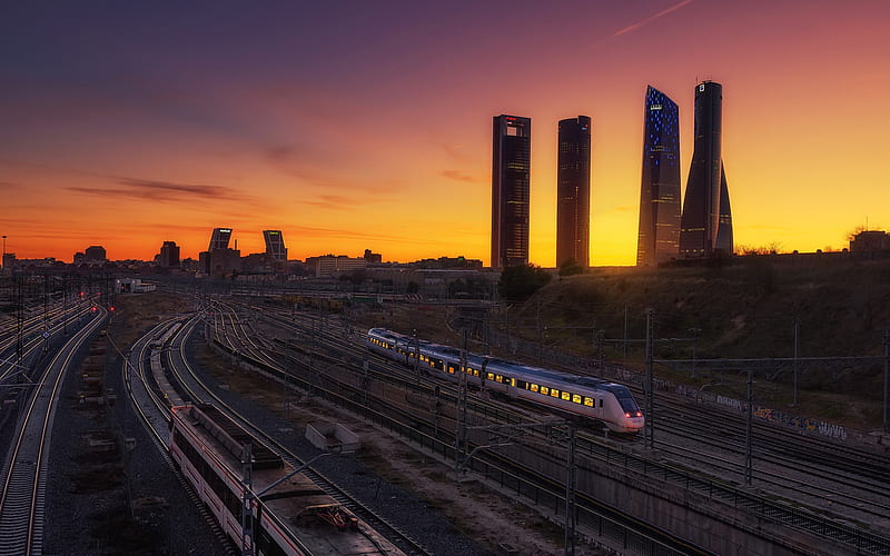 Madrid, sunset, evening, skyscrapers, railway, railway station, Spain, HD wallpaper