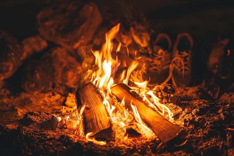 bonfire, fire, flame, burn, firewood, embers, HD wallpaper