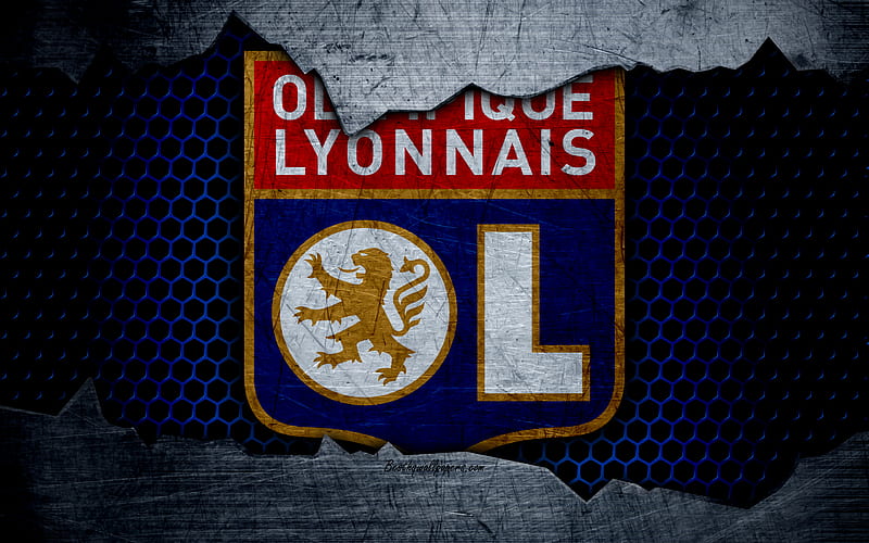 Lyon Liga 1, logo, grunge, Olympique Lyonnais, soccer, football club, metal texture, Ligue 1, art, Lyon FC, HD wallpaper