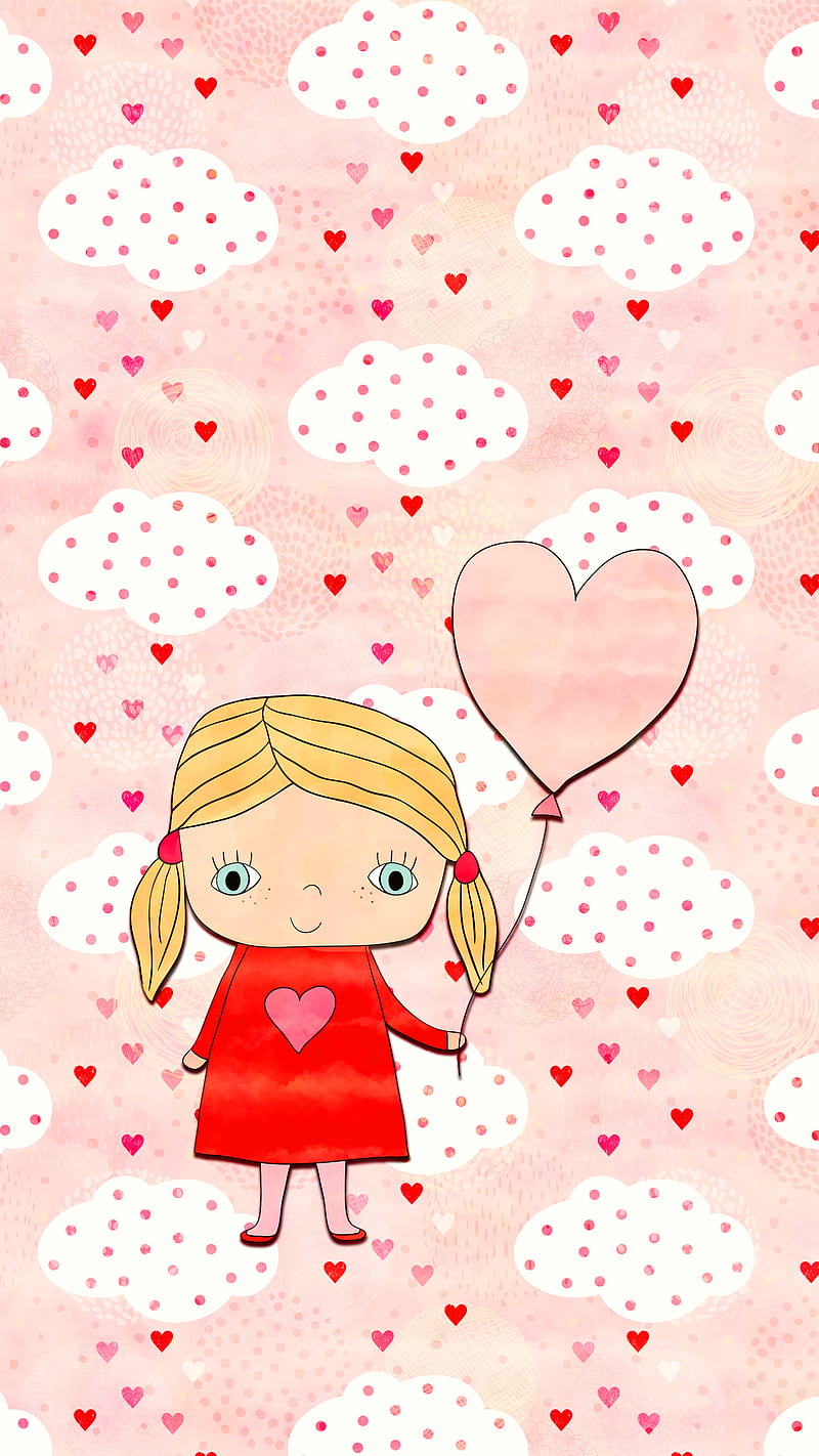 Cute Blond Girl Hearts, balloon, cloud, girl, heart, love, pink, red, valentine, valentine's day, HD phone wallpaper