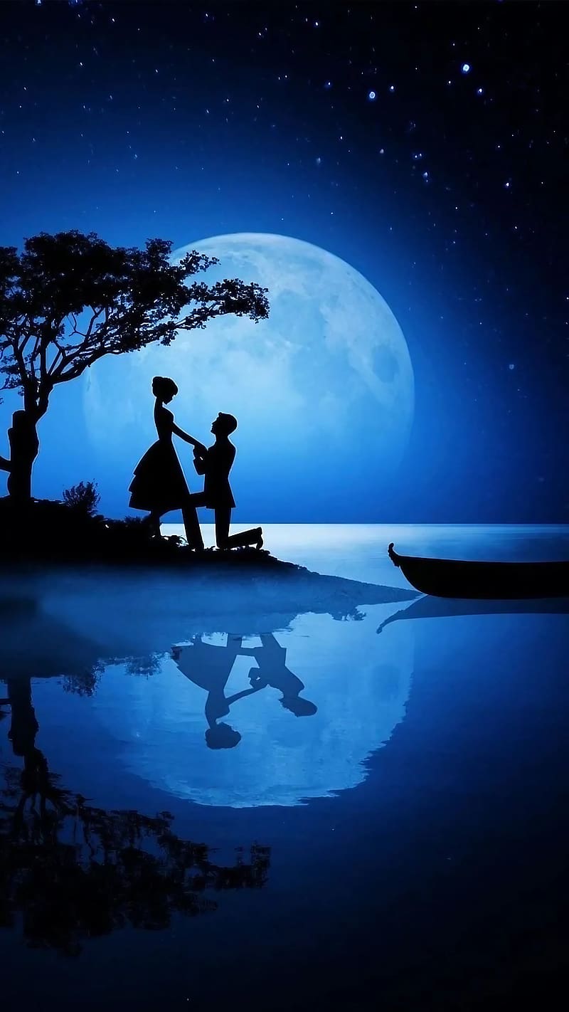 Best Lovely, Moon Background, couple in love, silhouette, blue effect, HD phone wallpaper