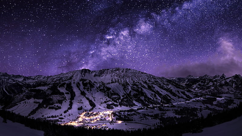 winter ski resort under the stars, mountain, resort, stars, town, night, winter, HD wallpaper