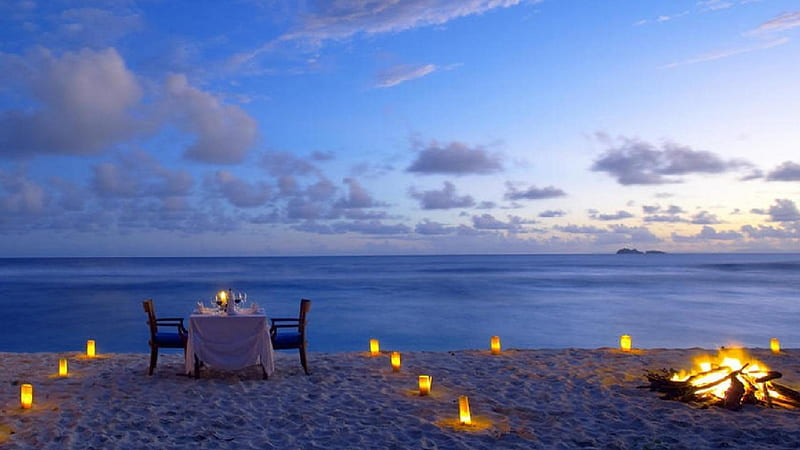 beach, dinner, fire, romantic, romance, ocean, candlelight, HD wallpaper