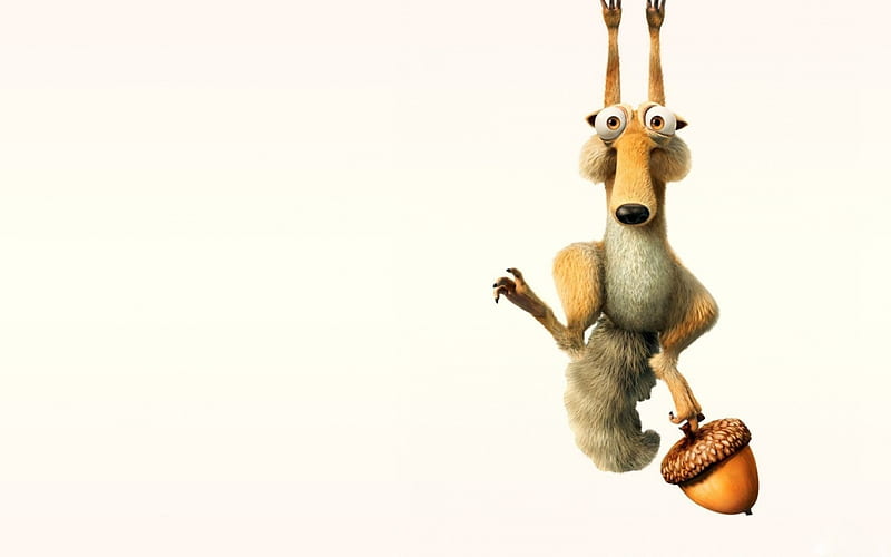 Scrat and the nut, fantasy, squirrel, movie, Ice Age, nut, white, The Meltdown, HD wallpaper