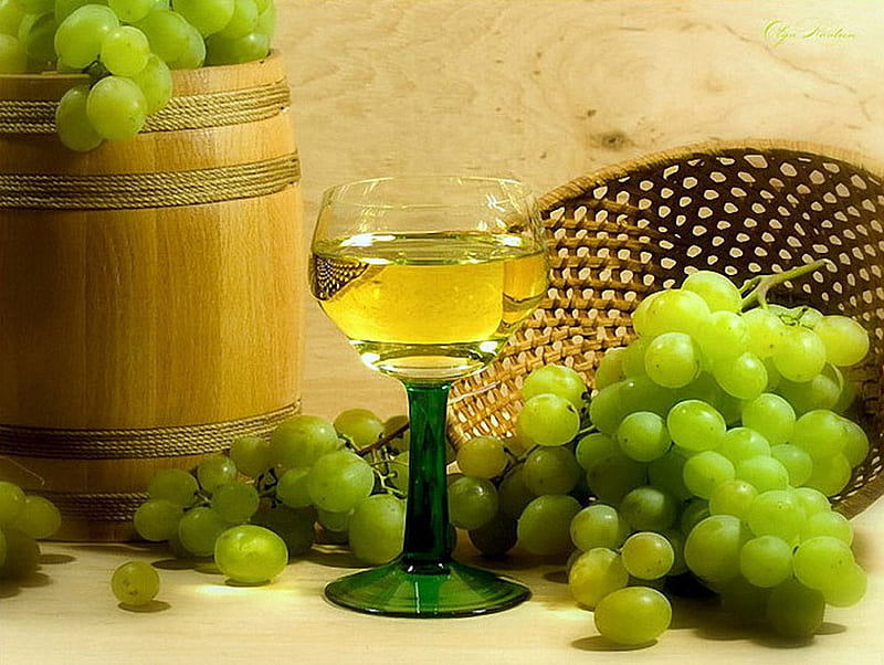 taste of the vine, table, grapes, basket, barrel, wineglass, HD wallpaper