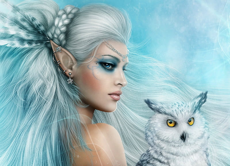Snow Queen, blue, alenaekaterinburg, owl, frumusete, luminos, iarna, winter, fantasy, bufnita, girl, bird, pasari, white, HD wallpaper