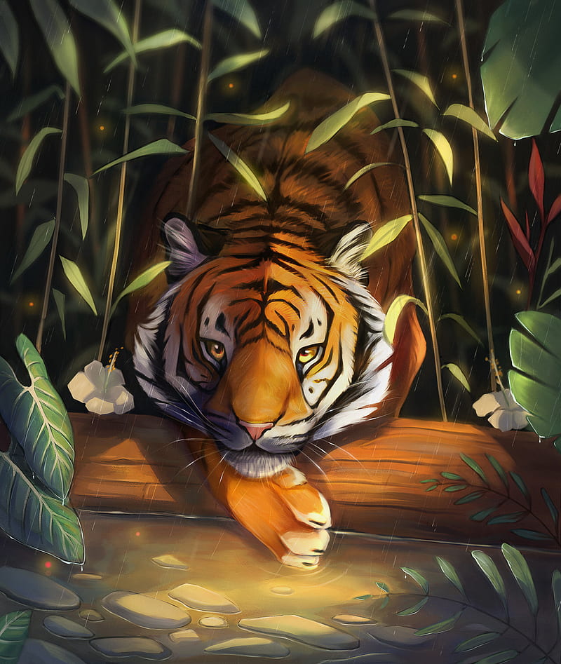 tiger, cute, rain, art, HD phone wallpaper