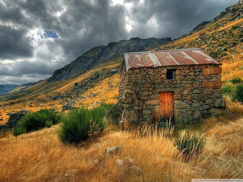 Stone house, house, hay, sky, field, landscape, HD wallpaper