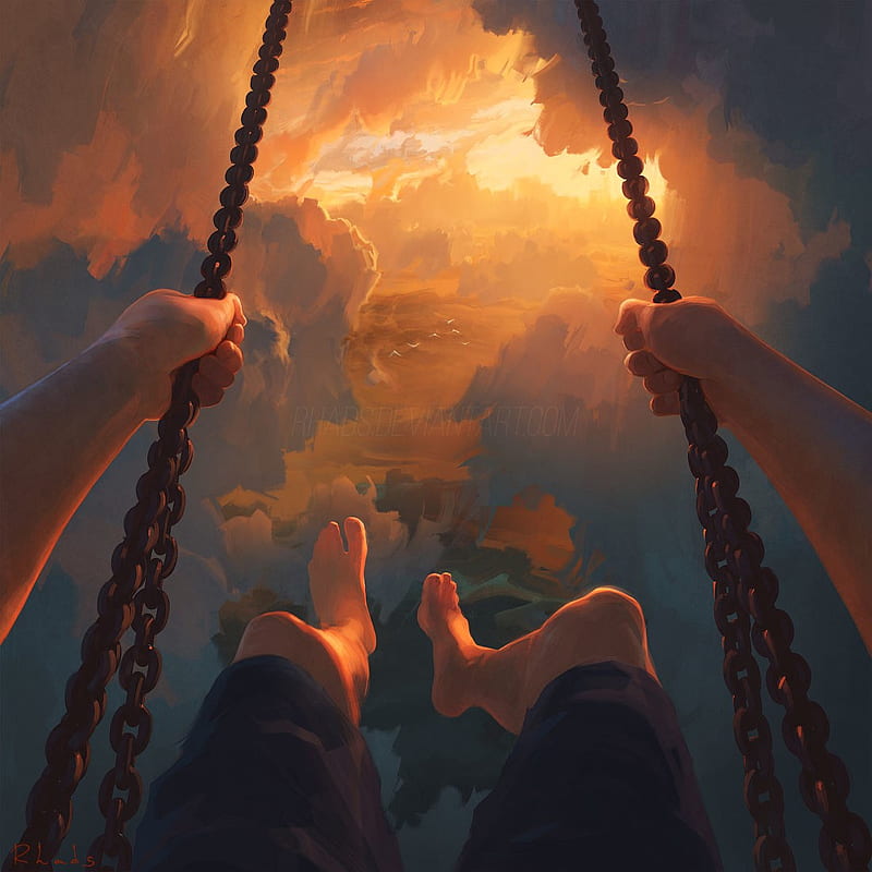 swings, sky, feet, artwork, barefoot, HD phone wallpaper
