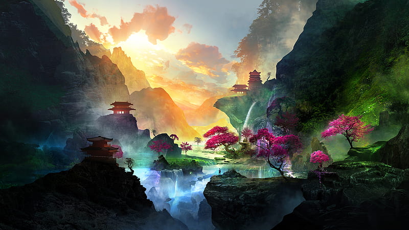 Alone in Beautiful Waterfall Landscape, HD wallpaper
