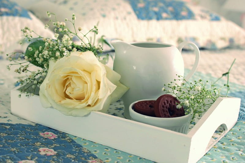 With Love , cookies, graphy, rose, flower, tray, bonito, milk, softness, HD wallpaper