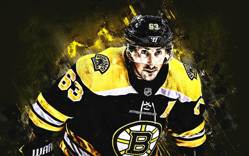 Brad Marchand, portrait, Canadian hockey player, Boston Bruins, NHL, USA, yellow creative background, hockey, HD wallpaper
