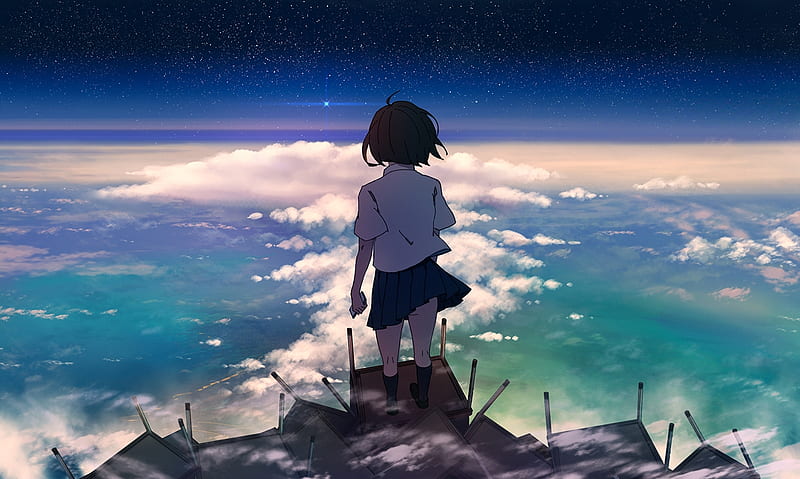 Above The Clouds, Stars, Anime, Black Hair, School Uniform, Seifuku, Clouds, Cellphone, Desk, Anime Girl, HD wallpaper