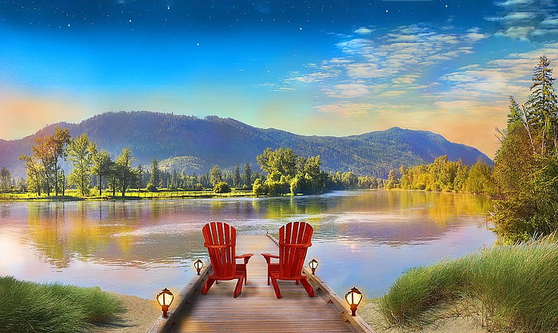 Stillness Waits, outdoors, stillness, lovely, scenic, view, Tranquil, Water, serenity, mountains, chairs, Lake, beauty, nature, relaxing, HD wallpaper