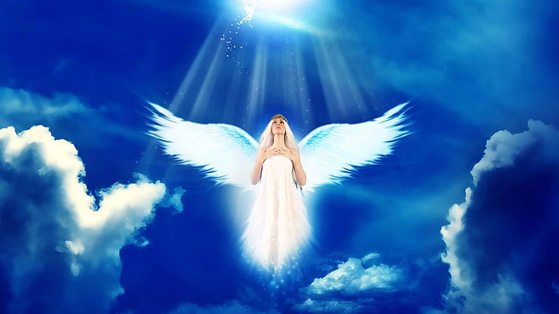Angel With Wings In Blue Cloudy Sky Background Angel, HD wallpaper