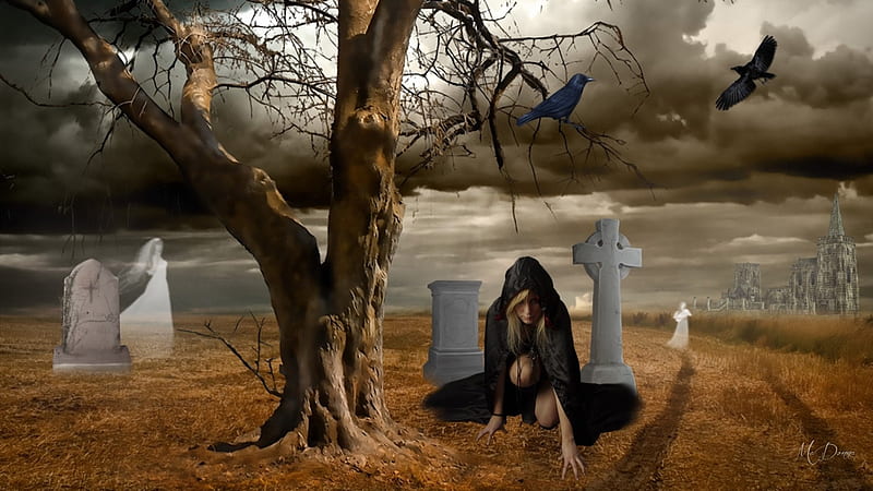 The Haunted, haunted, Goth, woman, spirits, tree, fantasy, ghosts, gothic, graves stones, Halloween, castle, field, HD wallpaper