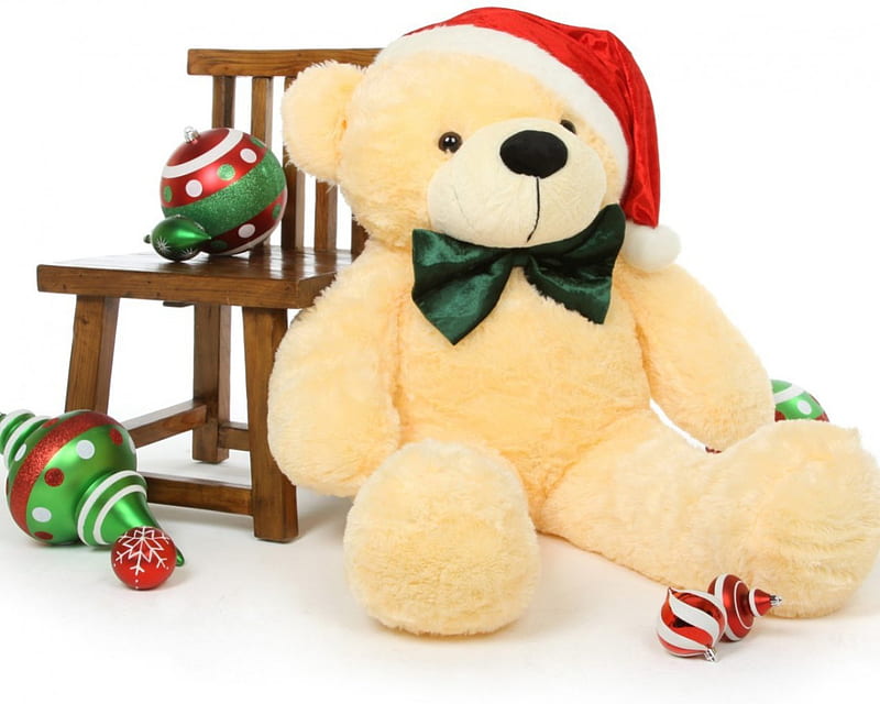 ๑๑ Cuddle Christmas ๑๑, cuddles, bonito, bow, sweet, green, love, siempre, chair, cozy, warm, lovely, christmas, winter, hat, santa, balls, nature, teddy bear, cream, HD wallpaper